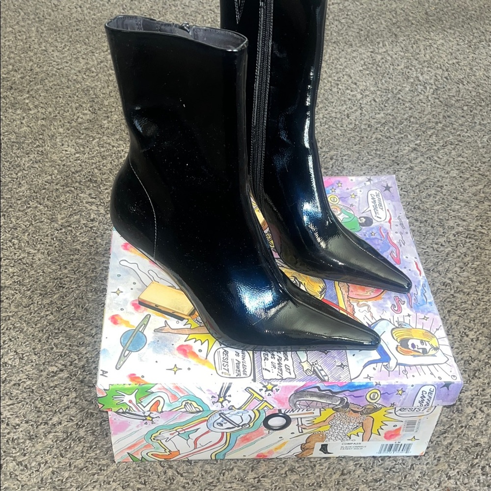 Jeffrey Campbell Black Patent Pointed Toe Mid-Calf Booties